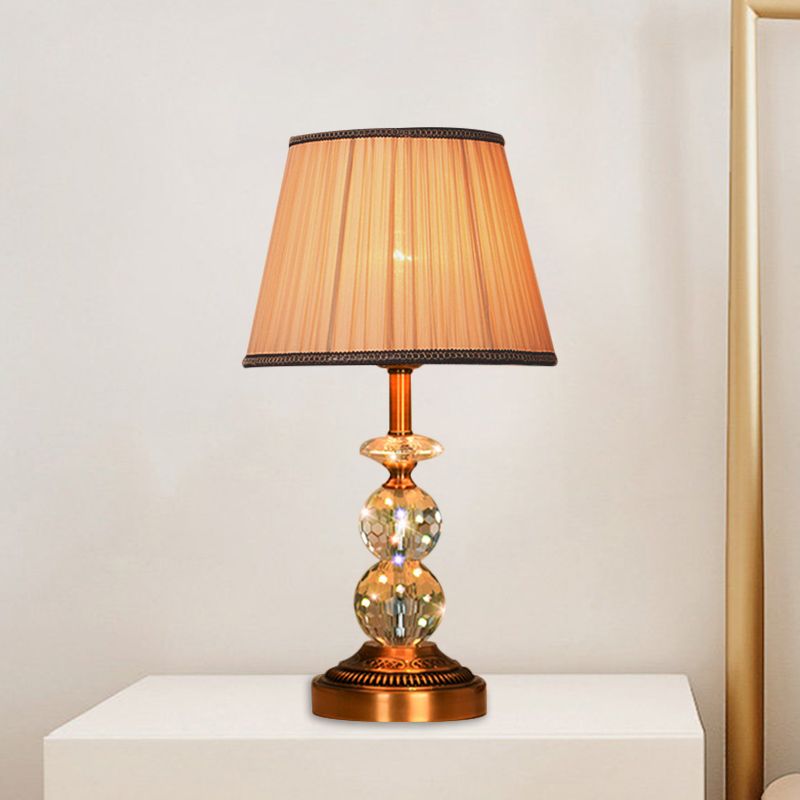 1 Bulb Pleated Fabric Night Stand Lamp Traditional Pink and White/Pink/Coffee Cylinder/Tapered Parlor Table Light with Faceted Crystal Orbs