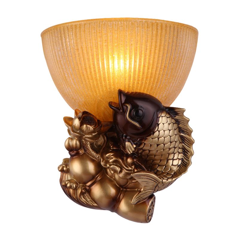 Tazón lámpara de pared de la cama estilo rústico vidrio ámbar 1 cabeza de oro Idea de iluminación de pared con pescado y decoración de loto