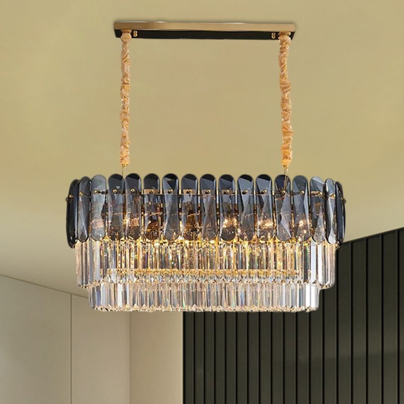 3-Tier Rectangular Dining Room Pendant Amber/Smoke Gray Crystal Block 12-Light Contemporary Island Lamp