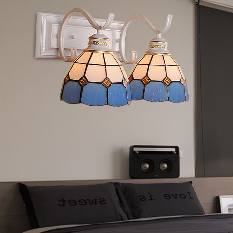 2 Lights Domed Wall Light Fixture Mediterranean Stained Glass Vanity Light in White/Black for Bathroom