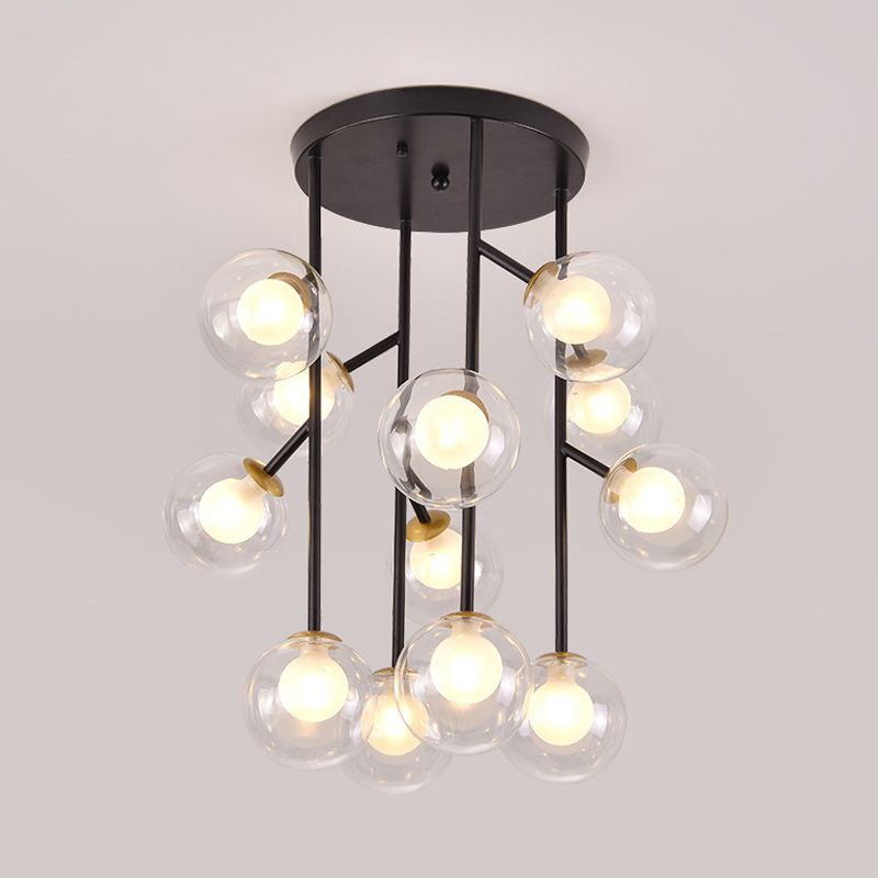 Ball Semi Mount Lighting Modern Clear Glass 9/12 Heads Living Room Close to Ceiling Lamp in Black/Gold