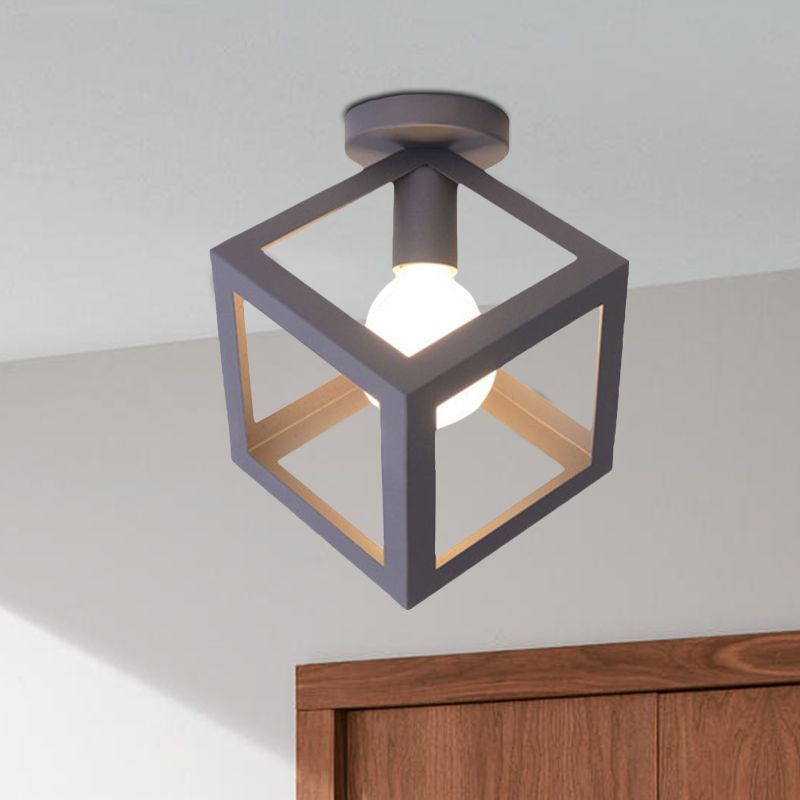 1 Light Squared Ceiling Mounted Light with Wire Guard Loft Style Black/Gray Metallic Semi-Flush Lighting for Bedroom