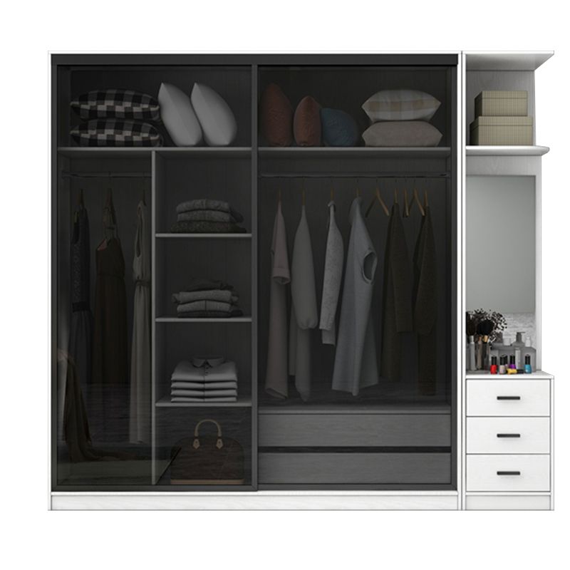 White Wardrobe with Grey Glass Doors Modern Storage Cabinet for Bedroom