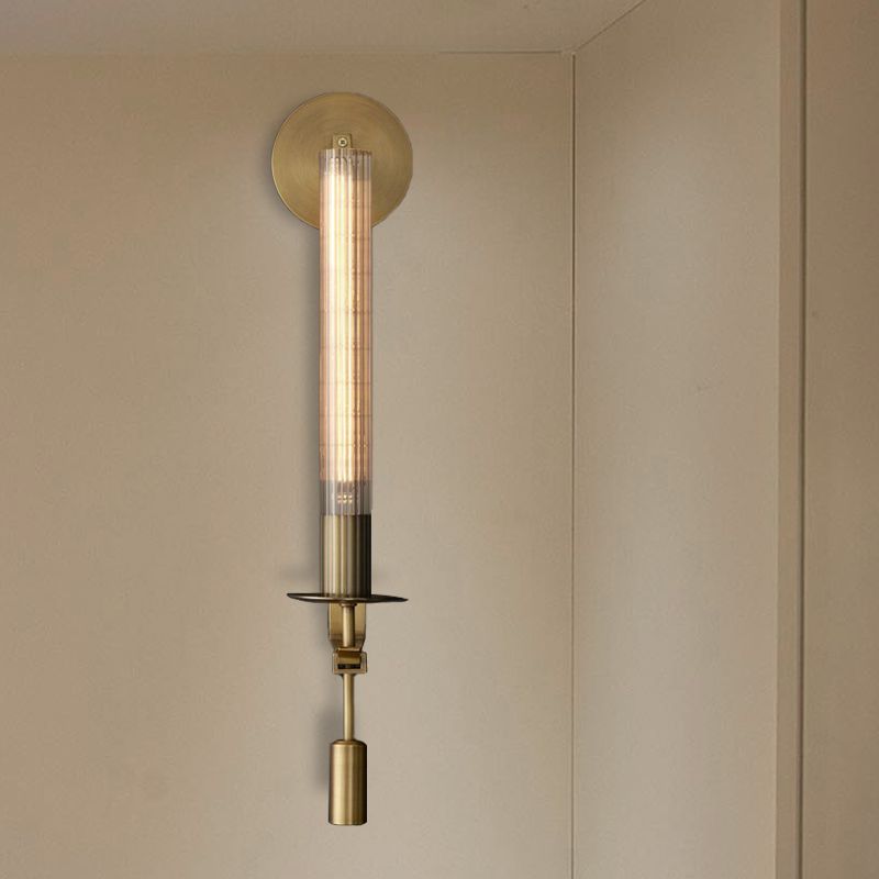 Traditional Cylindrical Wall Lamp Single Head Prismatic Glass LED Wall Mount Light Fixture in Brass for Bathroom