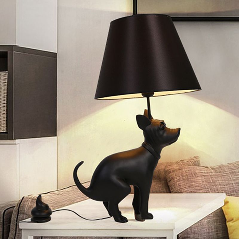 Resin Dog Nightstand Lamp Country Style 1 Bulb Bedroom Night Table Light in Black with Cone Fabric Shade
