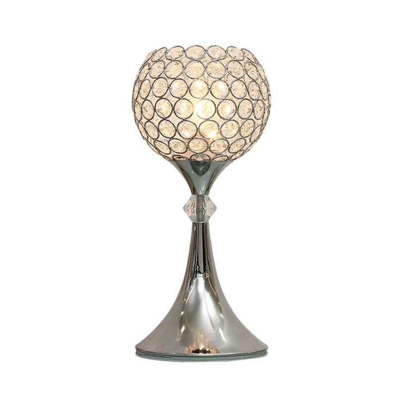 Lampada da tavolo in argento con cristallo inserito, forma curva, lampada da notte lounge a 1 testa con paralume a mezzo globo