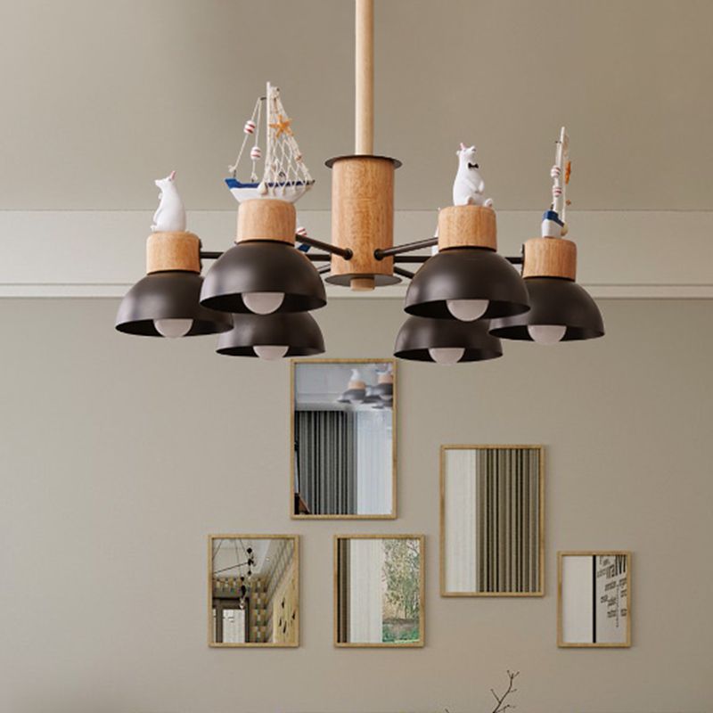 Dome Metallic Chandelier Lighting Cartoon 6 Bulbs Black/White Hanging Ceiling Light with Bear and Ship Design