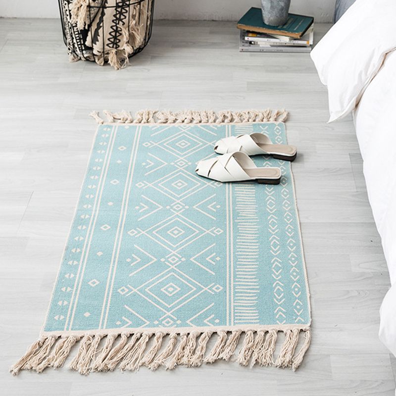 Contemporary Carpet Geometric Print Cotton Linen Area Carpet Rectangle Bedroom Tassel Rug