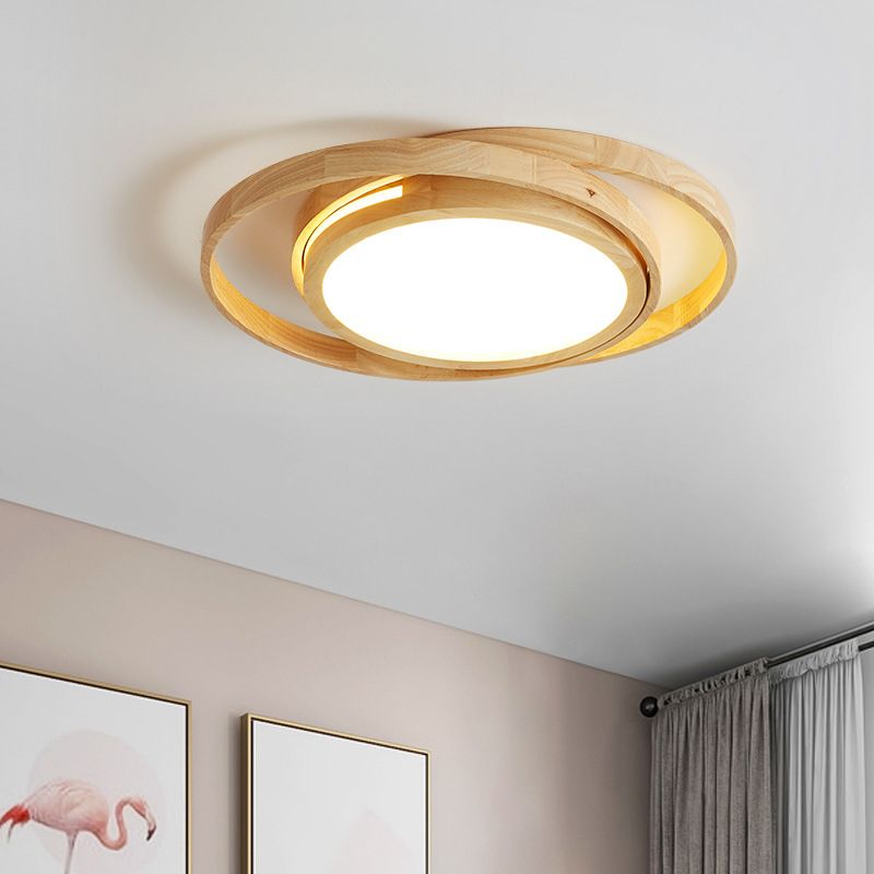Wood Round Shape Flush Mount Light Modern-Style 1 Light Flush Ceiling Light in Brown