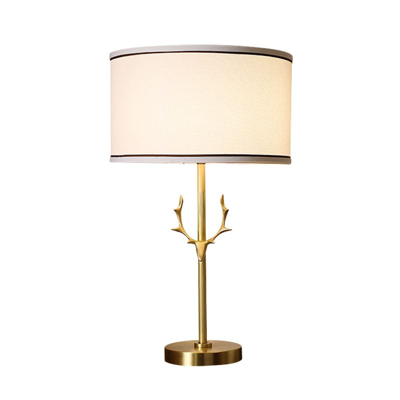 Fabric Drum Table Lamp Simplicity 1 Bulb Bedside Nightstand Light with Antler Decor in White