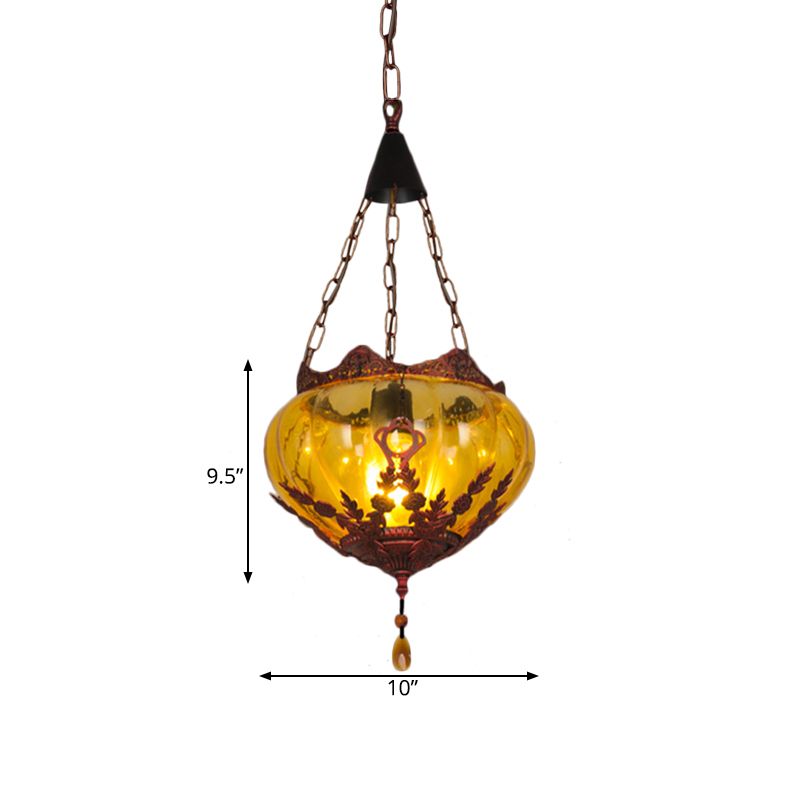 Lantern Restaurant Ceiling Light Country Style Amber Glass 1 Light Rust Pendant Lamp