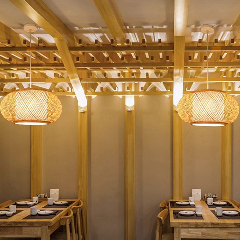 Wood Handwoven Suspension Lighting Minimalist 1 Head Rattan Pendant Ceiling Light