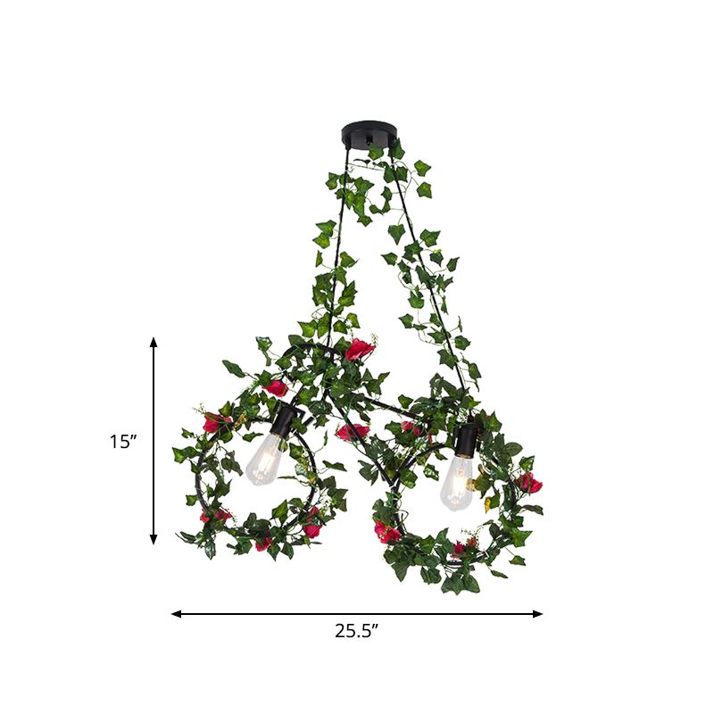 Black 2 Heads Cluster Pendant Farm Style Metal Bicycle Shaped Down Lighting with Plant Deco