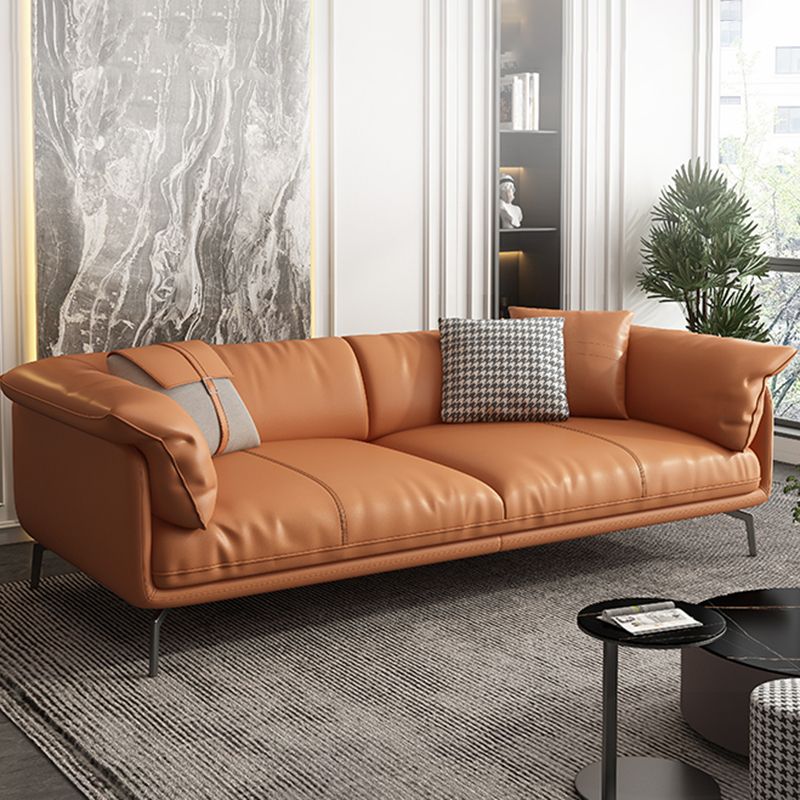 Stationary Stain Resistant Genuine Leather Living Room Pillow Top Arm Sofa