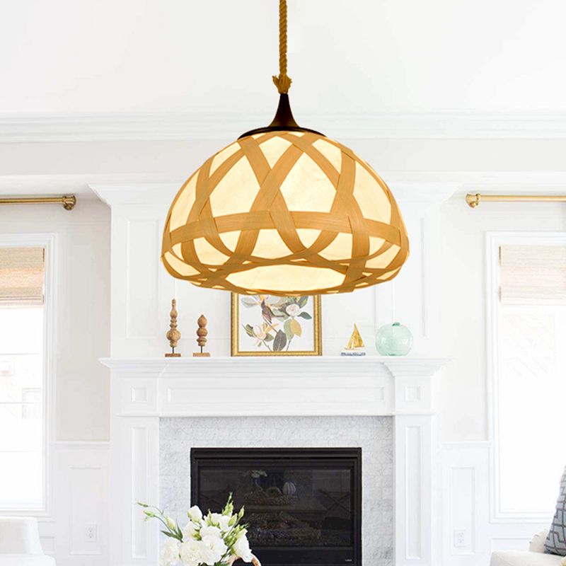 Hemisphere Pendant Light Japanese Wood 1 Bulb Suspended Lighting Fixture in Beige