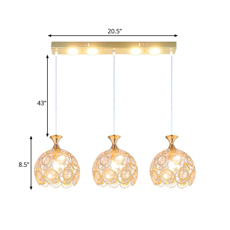Modern Style Pendulum Light Crystal-Encrusted 3-Bulb Dining Room Multi Pendant Lamp Fixture in Gold