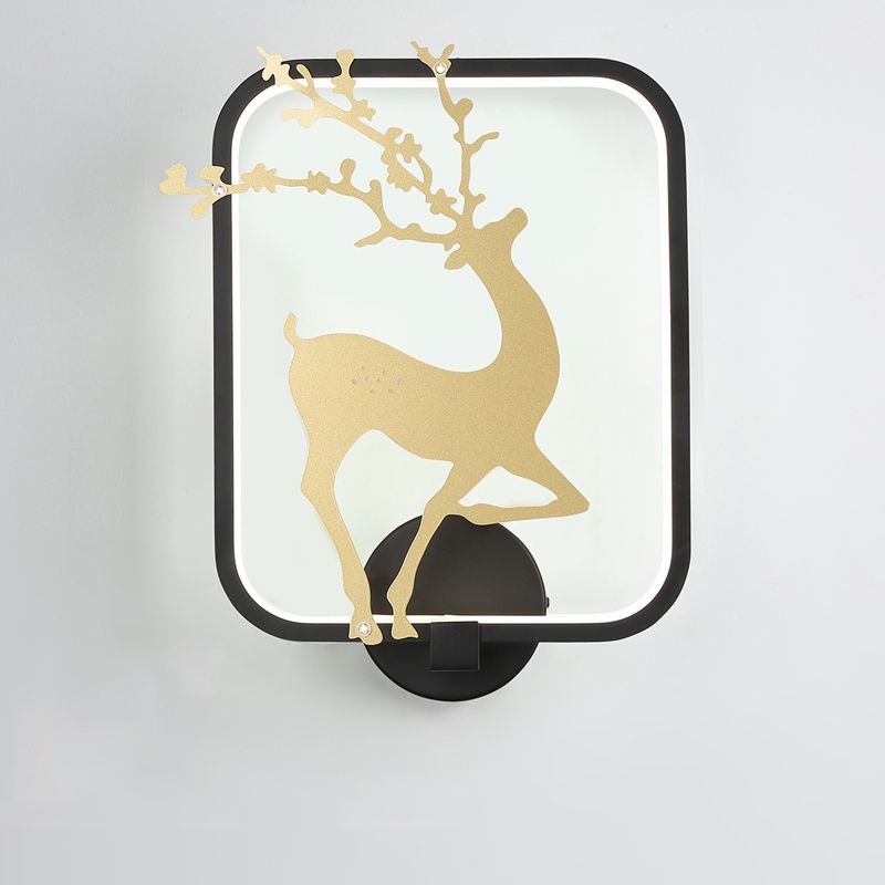 Minimal Style Rectangle Metal Wall Mural Lamp LED Wall Mount Light in Black/White with Elk Deer Pattern, Warm/White Light