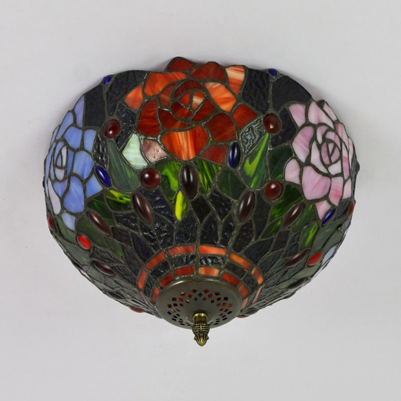 Brass Blossom Lighting Fixture Tiffany 2 Bulbs Multicolored Stained Glass Flush Mount Ceiling Light