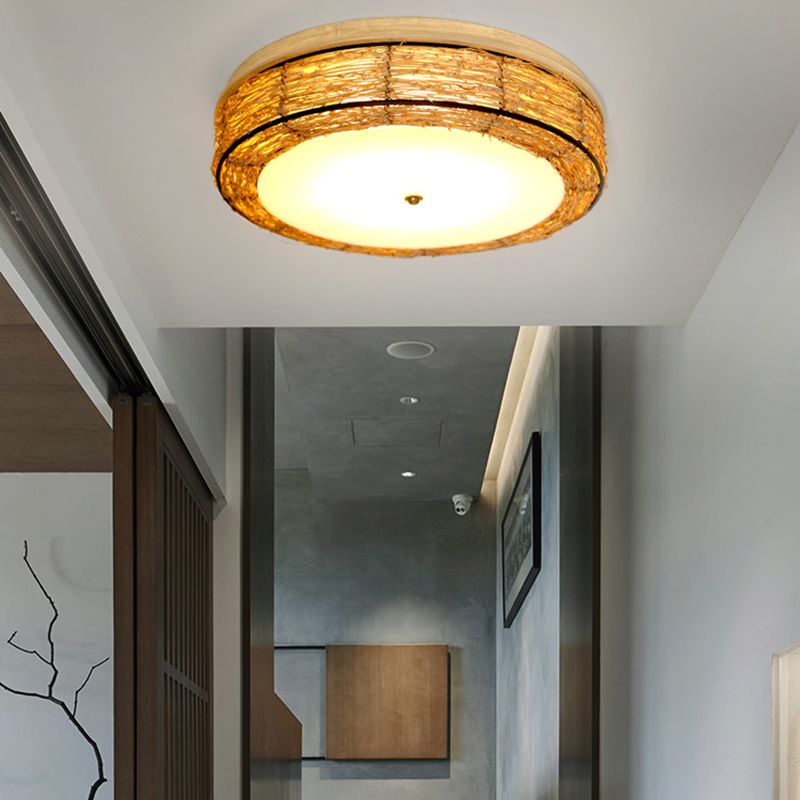 Ronde Vorm Plafondlamp Aziatische Stijl Rotan 3 Lichten Flush Mount voor Slaapkamer