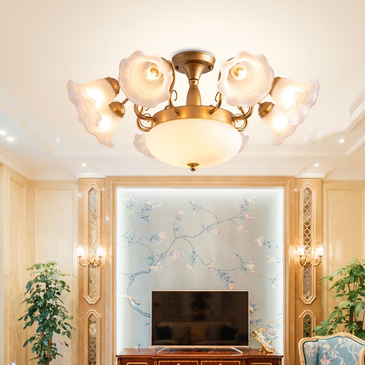 Country Style Floral Semi Flush Mount Frosted White Glass Ceiling Lamp for Dining Room