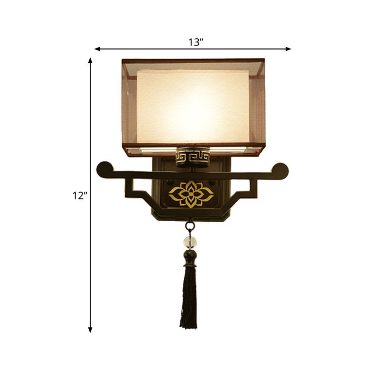 Black 1 Light Wall Mount Light Traditional Fabric Rectangle Sconce with Metal Backplate
