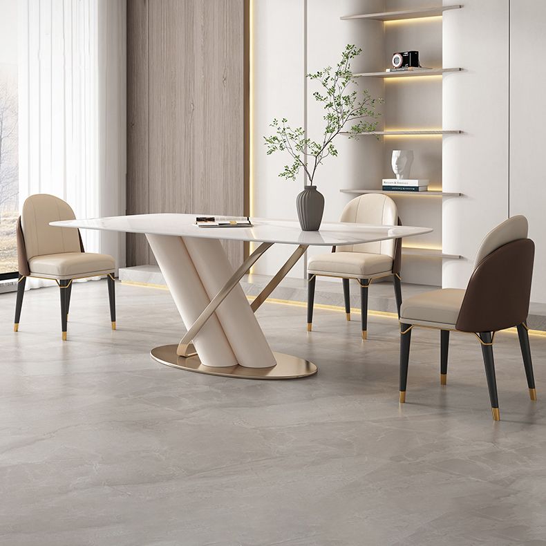 Modern Style Sintered Stone Dining Table with White Fixed Table and Trestle Base