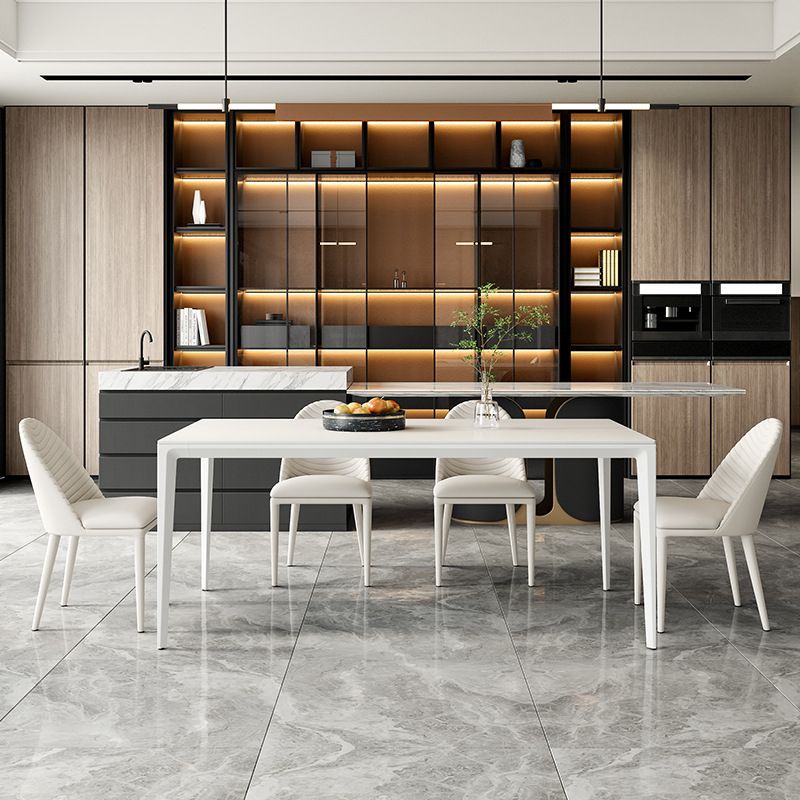 Mesa de comedor rectangular de simplicidad Mesa de piedra sinterizada con 4 piernas blancas