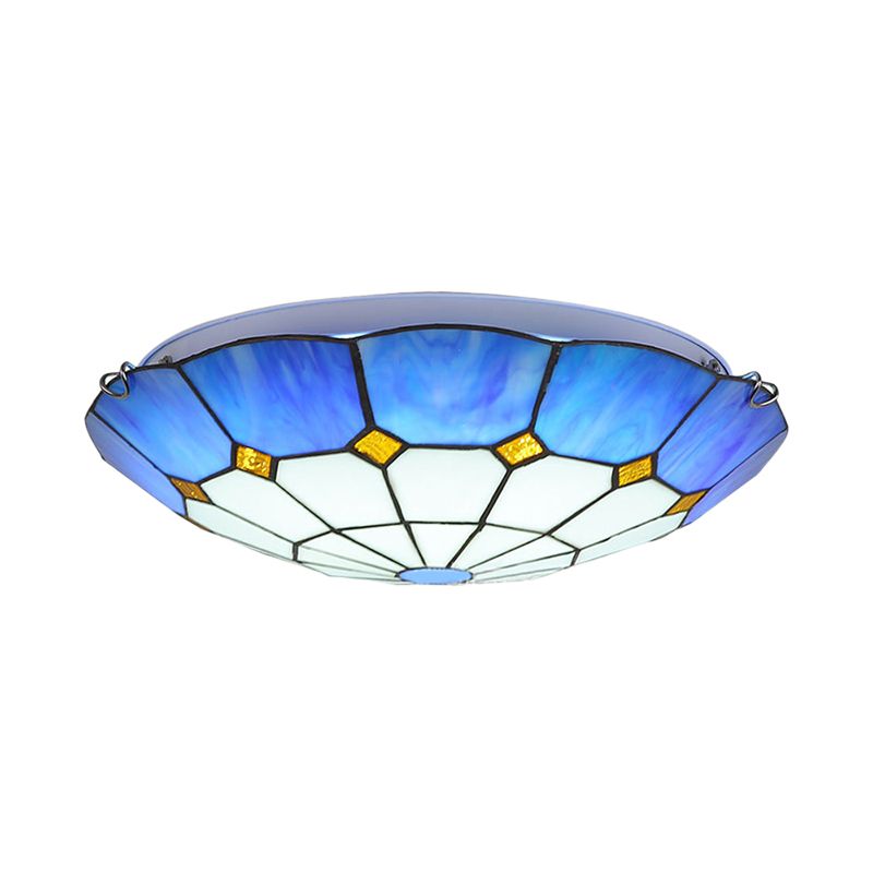12"/16"/19.5" W Tiffany Blue/Light Blue Flush Ceiling Light with Bowl Shade Stained Glass Flushmount for Living Room