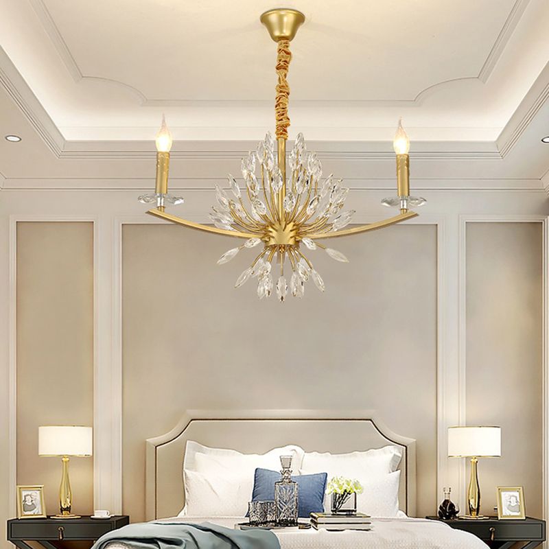 Brass Chandelier Lighting Vintage Metal 3/6/8 Heads Hanging Light Fixture with Open Bulb and Crystal Decoration