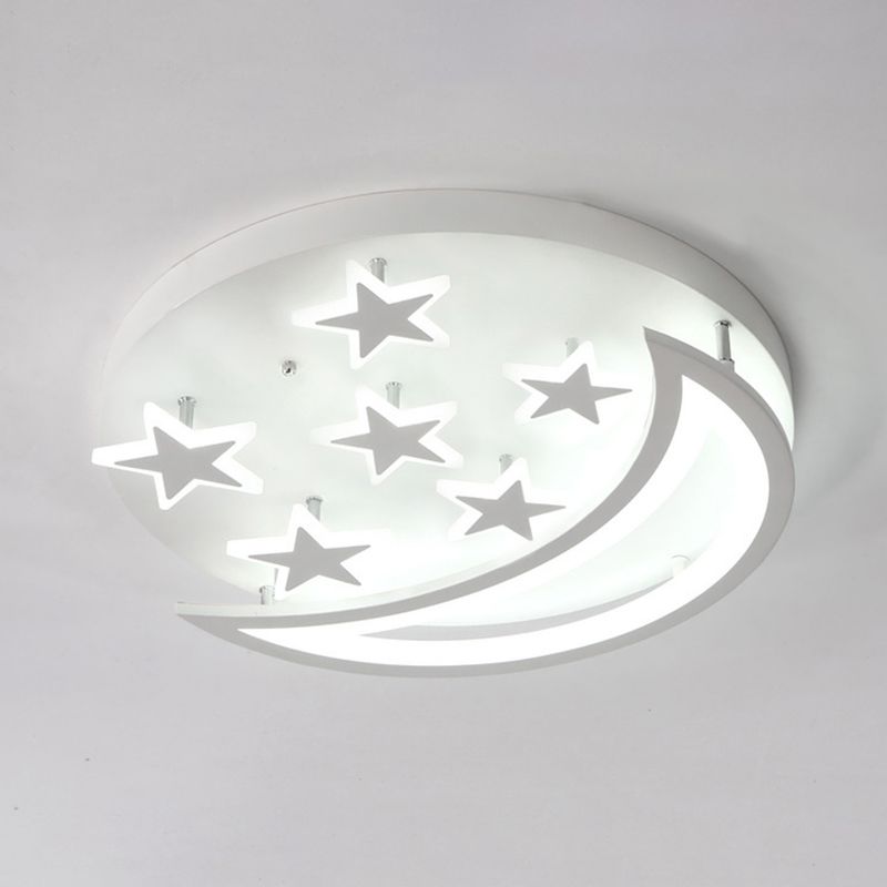 Metal Moon and Star Flush Ceiling Light Kid Bedroom Cartoon Ceiling Lamp in White Finish