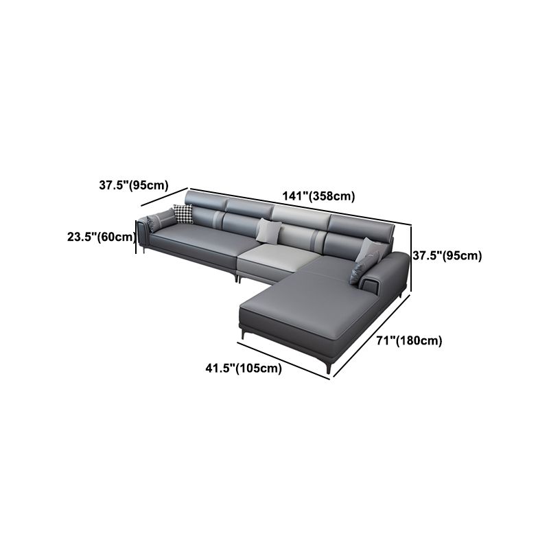 Contemporary Sofa & Chaise in Grey Square Arm Sectional with Bolster Pillows