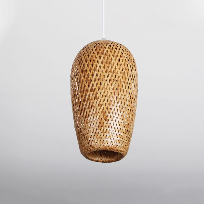 Crisscross Woven Ceiling Hanging Lantern Chinese Bamboo 1 Bulb Brown Pendant Light Fixture for Restaurant