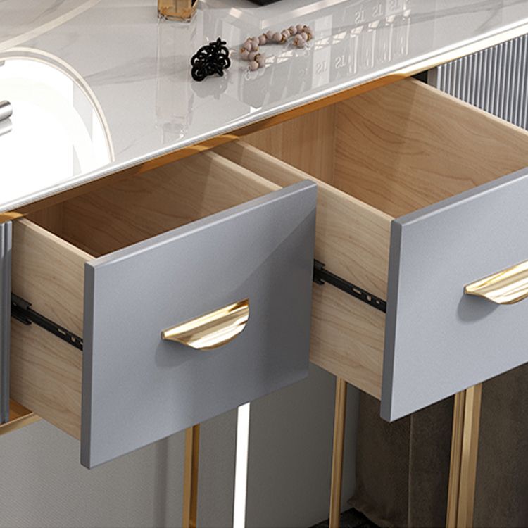 Solid Wood Drawers Vanity Set with Stone Top & Padded Stool in Grey