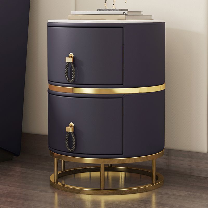 Glam Round Nightstand with 2 Drawers 20" Tall Stone Top Night Table