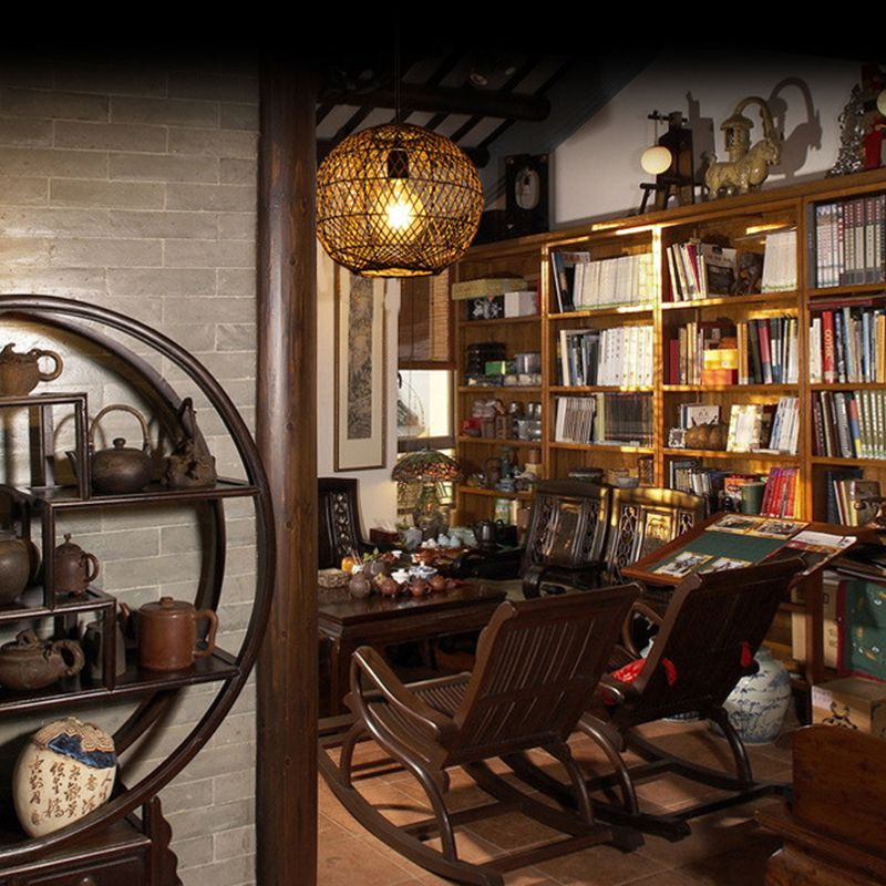Luz de techo de bola Rattan asiático 1 Bulbo Coffeing Pendse Lighting para sala de estar