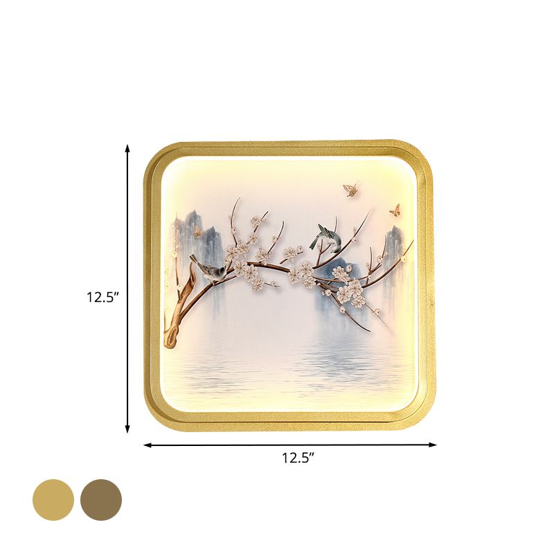 Asia LED Mur Mount Mural Light Gold / Kaki Lac and Flower Branch Painting Gince éclairage avec de l'ombre en tissu