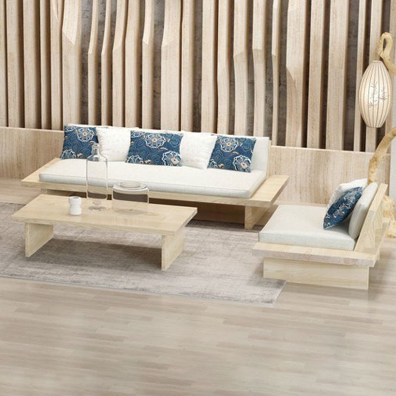 Tropical Solid Wood Frame Sofa Beige Linen Cushion Sofa with Pillows