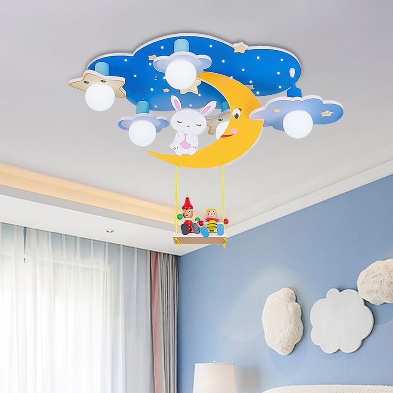 Wood Starry Sky Semi Flush Lamp Cartoon 5 Heads Pink/Blue and Yellow Flush Ceiling Light with Rabbit Deco