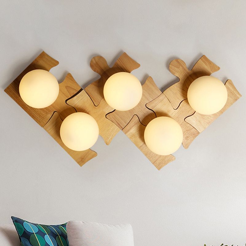 Japanese Style Orb Wall Light with Wooden Puzzle Base Glass 1 Light Beige Sconce Lamp for Corridor Kitchen