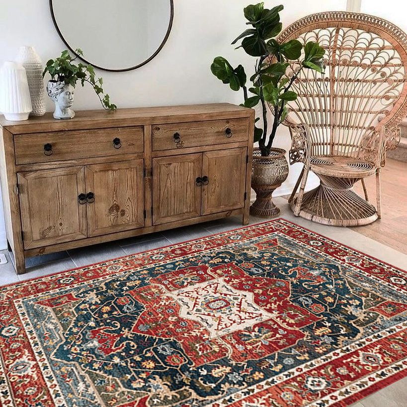 Red Tone Ethnic Print Rug Polyester Moroccan Carpet Non-Slip Backing Indoor Rug for Home Decoration