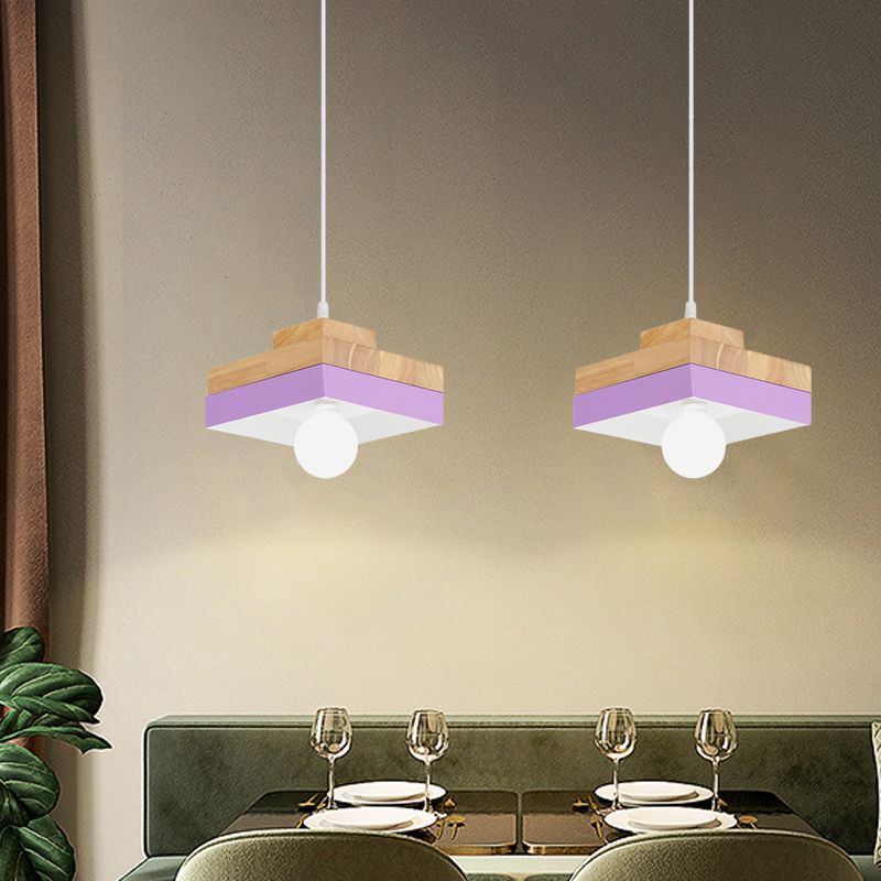 Macaron Circle/Square Down Lighting Metal 1-Light Living Room Hanging Ceiling Lamp in Orange/Purple/Yellow and Wood