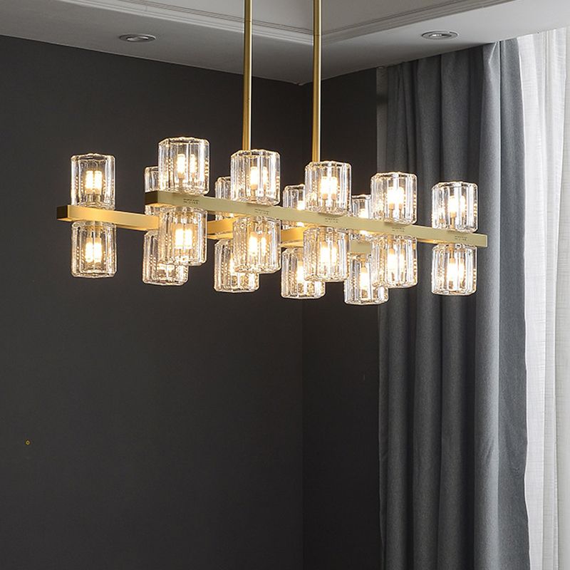 Cylindrical Crystal Island Pendant Postmodern 10/20 Lights Dining Table Hanging Light Fixture in Gold