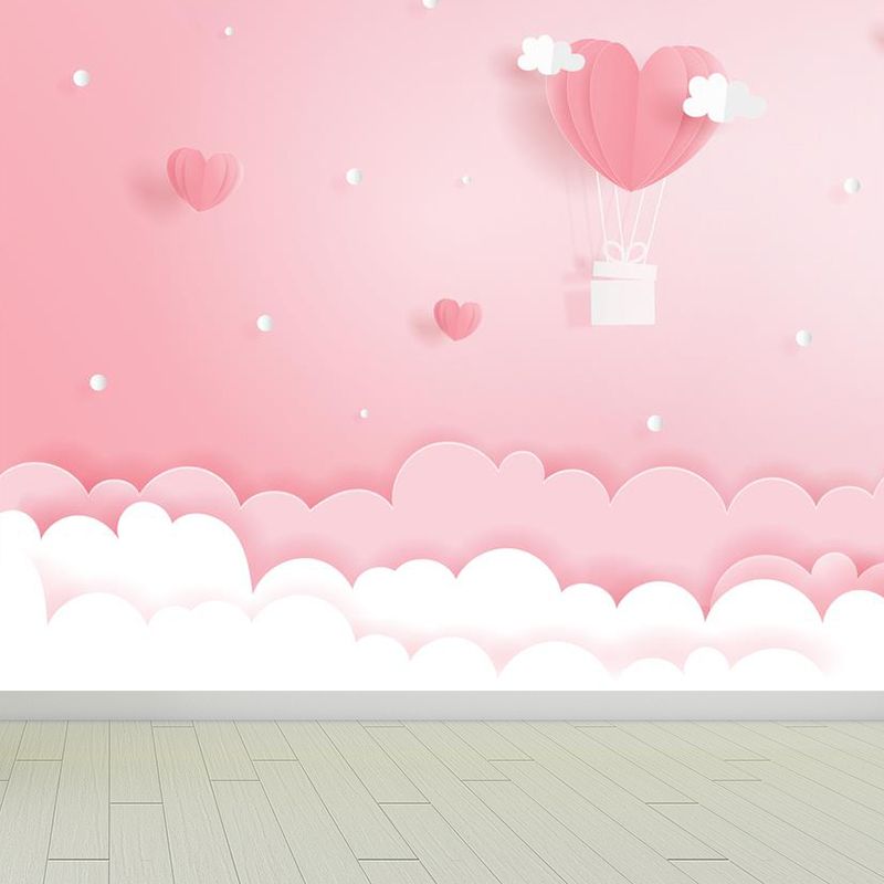 Full Size Cartoon Mural Wallpaper Pink Heart-Shaped Hot Air Balloon Wall Decor, Custom Print
