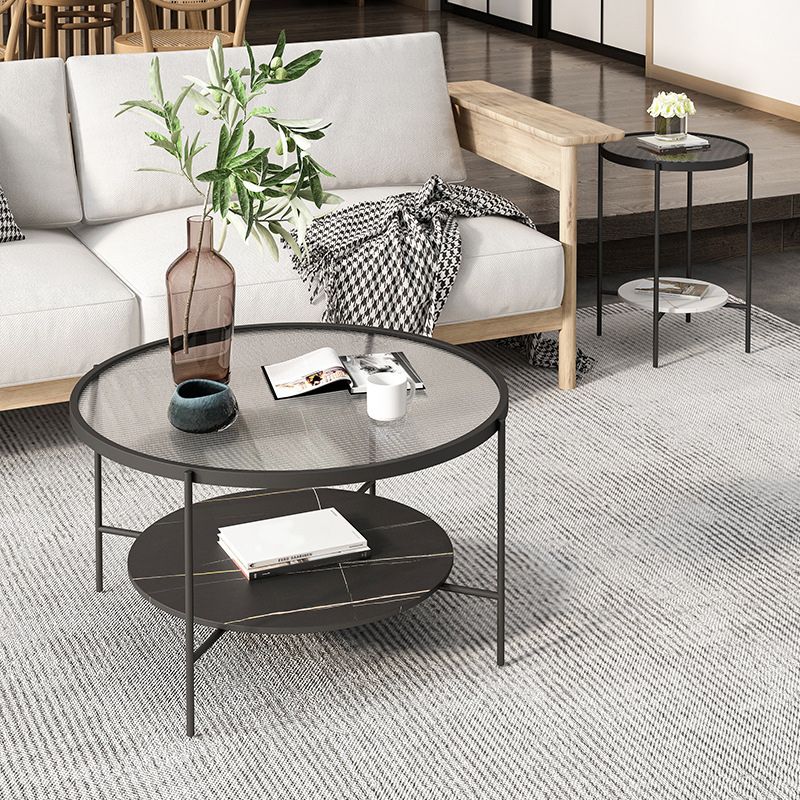 Modern Style Round Glass Table Plate Metal 4 Legs Base with Storage Rack Coffee Table