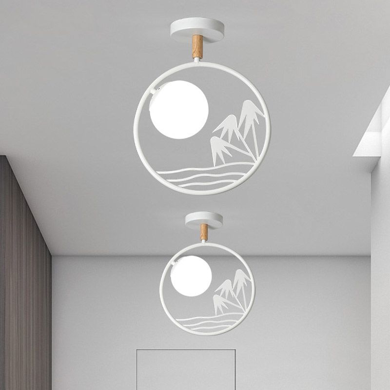 Iron Loop Semi Mount Lighting Macaron 1 Light White/Grey/Green Finish Ceiling Flush with Ball Opal Glass Shade