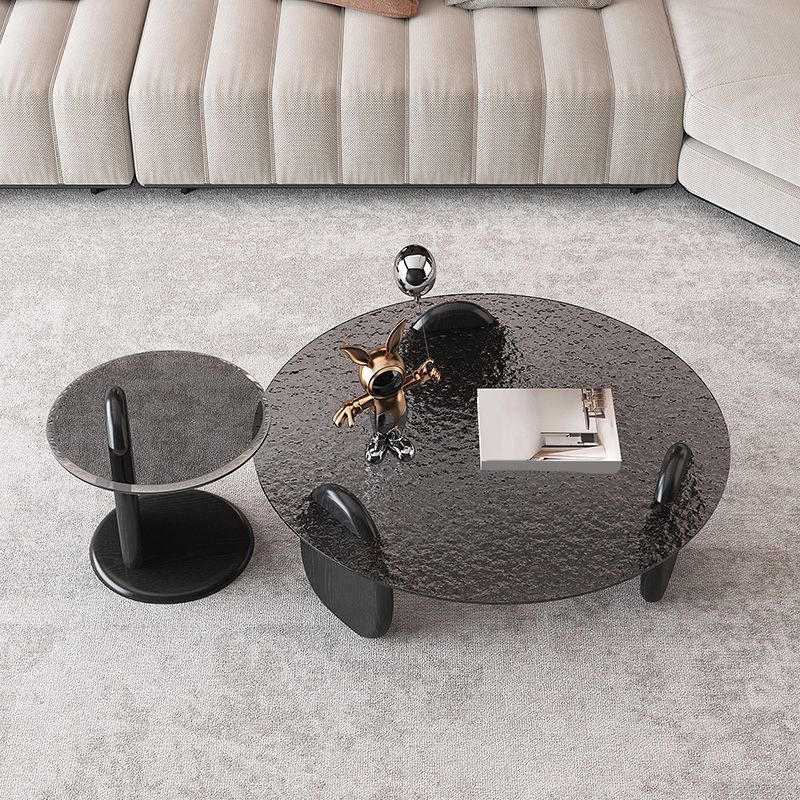 Glass Top Coffee Table Black Modern Round 3 Legs Cocktail Table