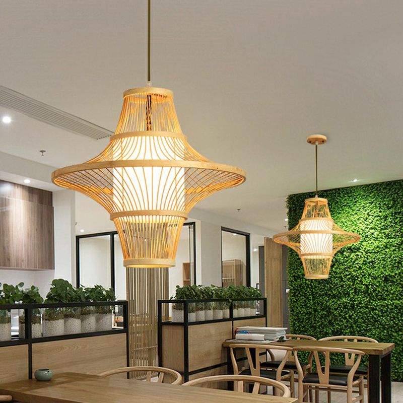 Symmetric Cage Bamboo Pendant Lamp Modern 1-Light Wood Pendulum Light for Restaurant