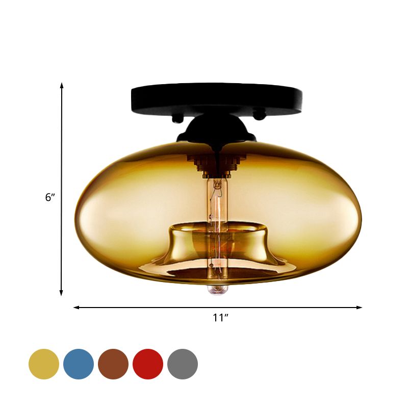 1 Light Ceiling Light Fixture with Oval Shade Red / Brown / Blue Glass Industrial Living Room Semi Flush in Black