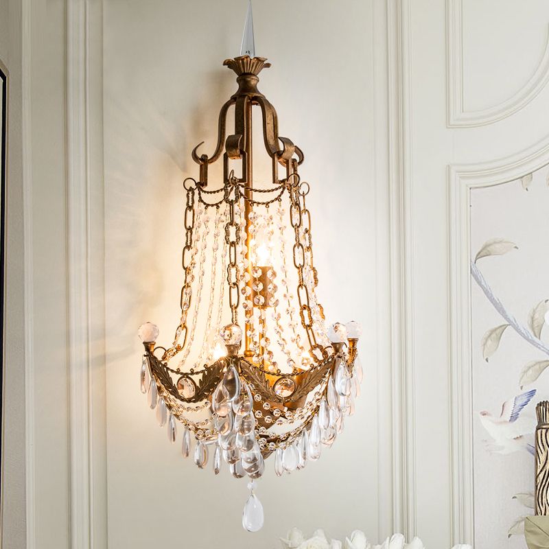 3 Lights Wall Mounted Light Countryside Beaded Crystal Sconce in Antique Brass for Living Room