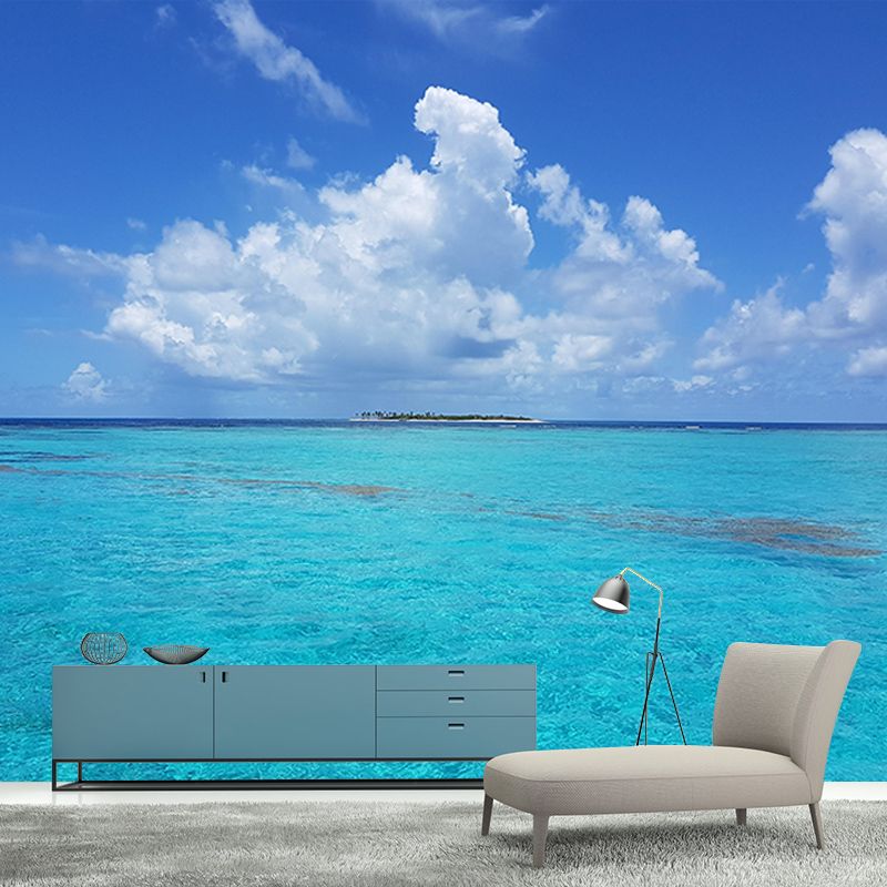 Contemporary Blue Sea Mural Soft Color Stain Resistant Wall Art for Living Room